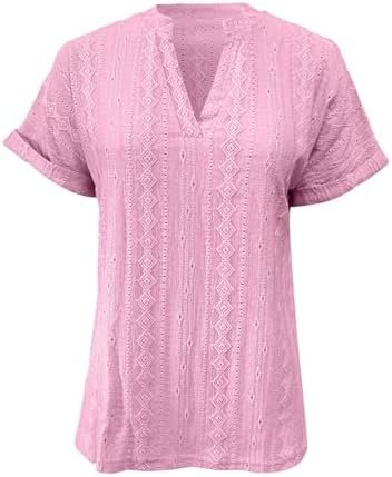 Womens Tops Eyelet Lace Summer V Neck Pullover Short Sleeve T Shirts Loose Fit Casual Dressy Comfort Tunic Blouses
