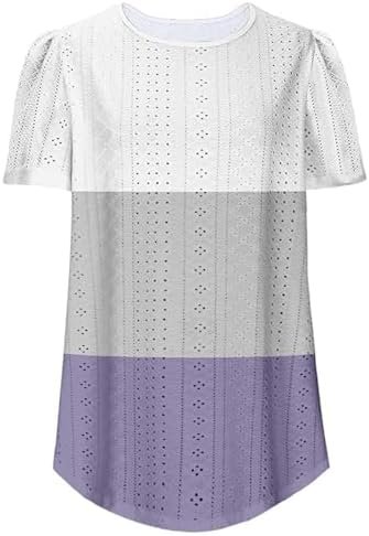 2025 Summer Womens Short Sleeve Tops Dressy Casual Eyelet Embroidery Crewneck T Shirts Trendy Loose Fit Deep V