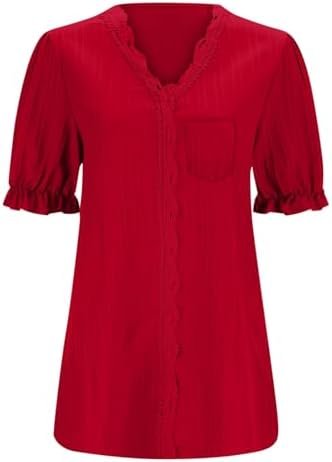 Summer Shirts for Women 2025 Lace V Neck Business Casual Work Tops Womens Short Sleeve Shirts Trendy Outfits