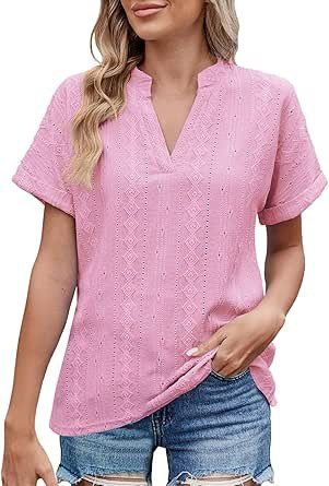 Womens Tops Eyelet Lace Summer V Neck Pullover Short Sleeve T Shirts Loose Fit Casual Dressy Comfort Tunic Blouses