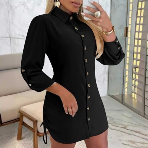 Women's Long Sleeve Button Down Shirt Dress Both Sides Drawstring Long Blouse Tunic Tops Collared Short Mini Dresses